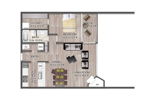 Floor plan for 1 bed, 1 bath, 953 sqft